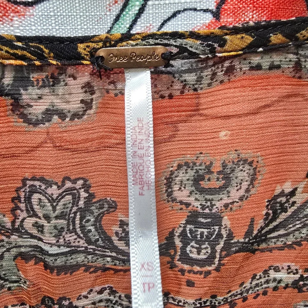 Free People Boho Paisley‎ Floral Sheer Maxi Dress Orange Black Long Sleeve XS